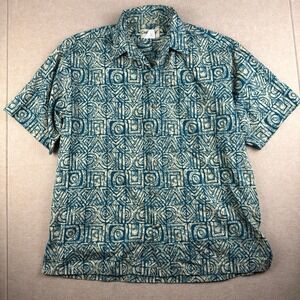 Cooke Street Shirt Men L‎ Blue Beige Aloha Hawaiian Tribal Cotton Button Up USA